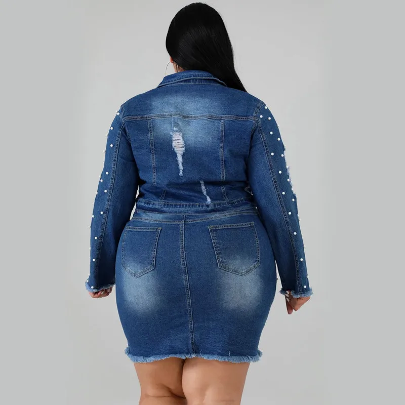 4XL 5XL размера плюс джинсовый женский комплект из двух предметов с длинным рукавом с бисером короткая куртка пальто и юбка женские комплекты повседневные костюмы Клубная одежда