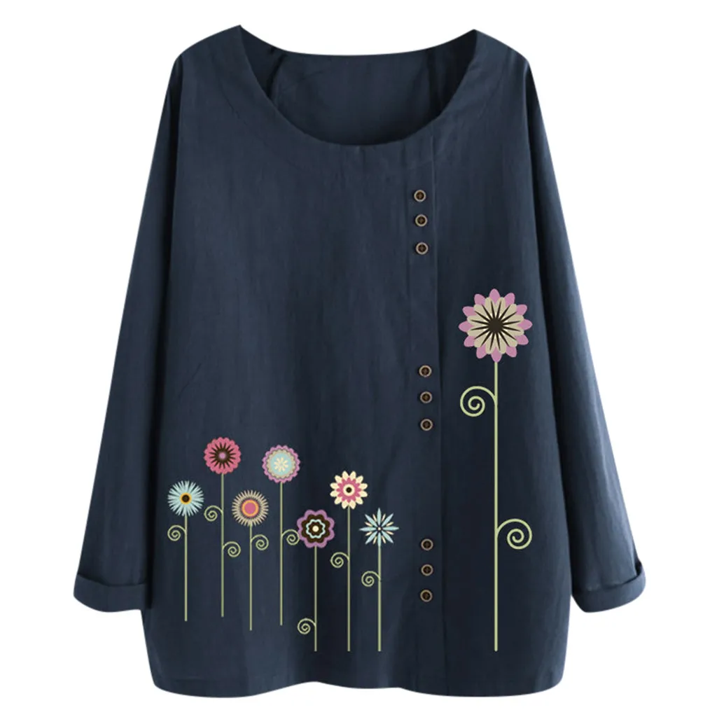Spring Women Blouses Casual O-Neck Print Loose Button Long Sleeve Floral Shirt Top - Цвет: Синий
