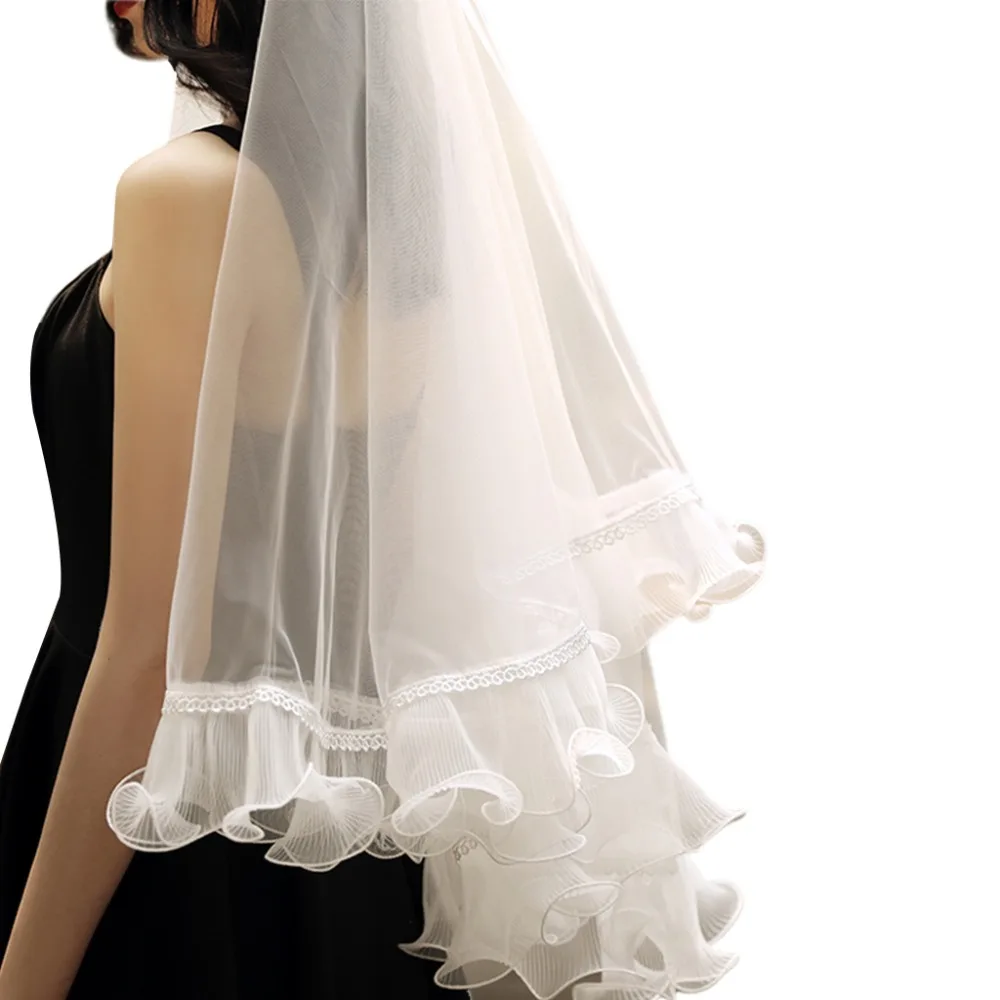 1.5m Single Layer Women Soft Mesh Short Wedding Veil Cover Face Wavy Agaric Ruffles Lace Trim Classic Bridal Hair Accessories