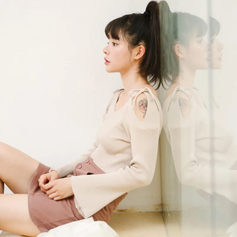 Женские свитера Kawaii Ulzzang Осень с открытыми плечами свитер с ремешками женский корейский Толстый Harajuku одежда для женщин