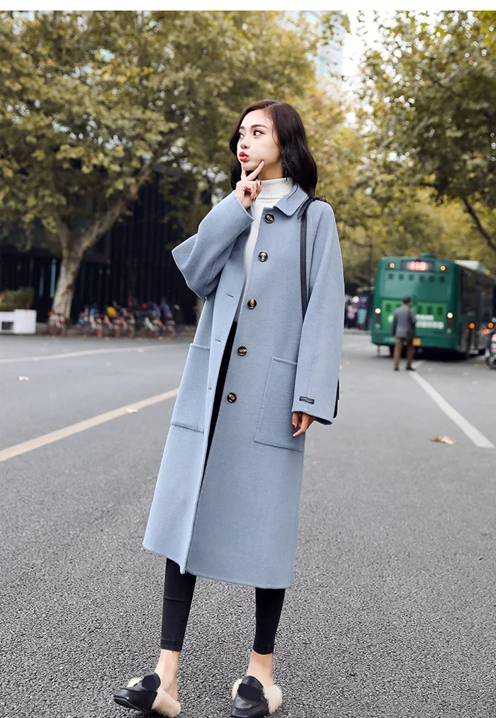 Осеннее и зимнее двустороннее шерстяное пальто женское длинное пальто с отворотами на талии шерстяное пальто большого размера свободное утепленное