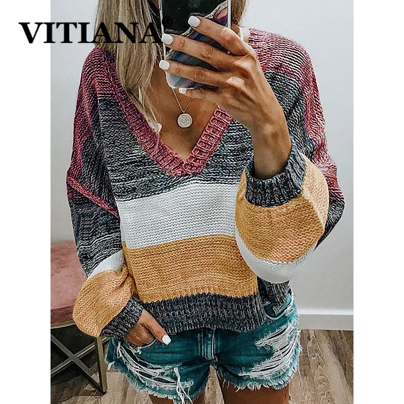 VITIANA, повседневный вязаный женский свитер, осень, женский полосатый Свободный пуловер с длинным рукавом, вязаные свитера, женская зимняя одежда