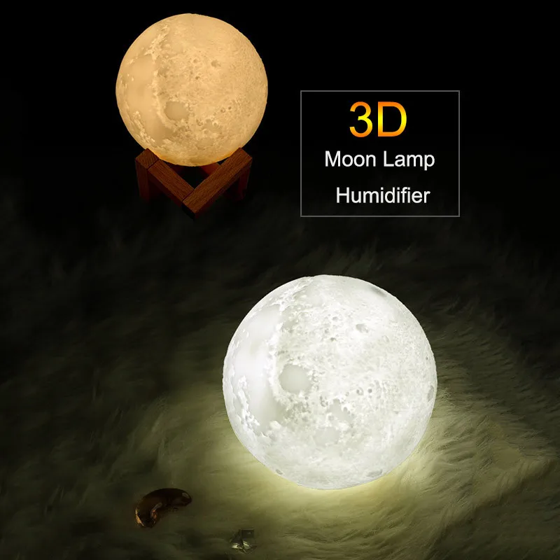 Prenine 880ML USB Humidificateur Moon Lamp 3D 2 Mode Diffuseur Aroma Huile Essentielle De Changement De Couleur Nuit Purifier Cool Mist avec Support en Bois