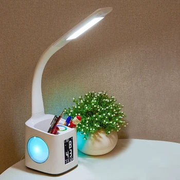 

Desk Lamp With USB Charging Port Night Lamp LED Alarm Clock Thermometer Calendar 3-Level Dimmer Table Lamp With Pen Holder