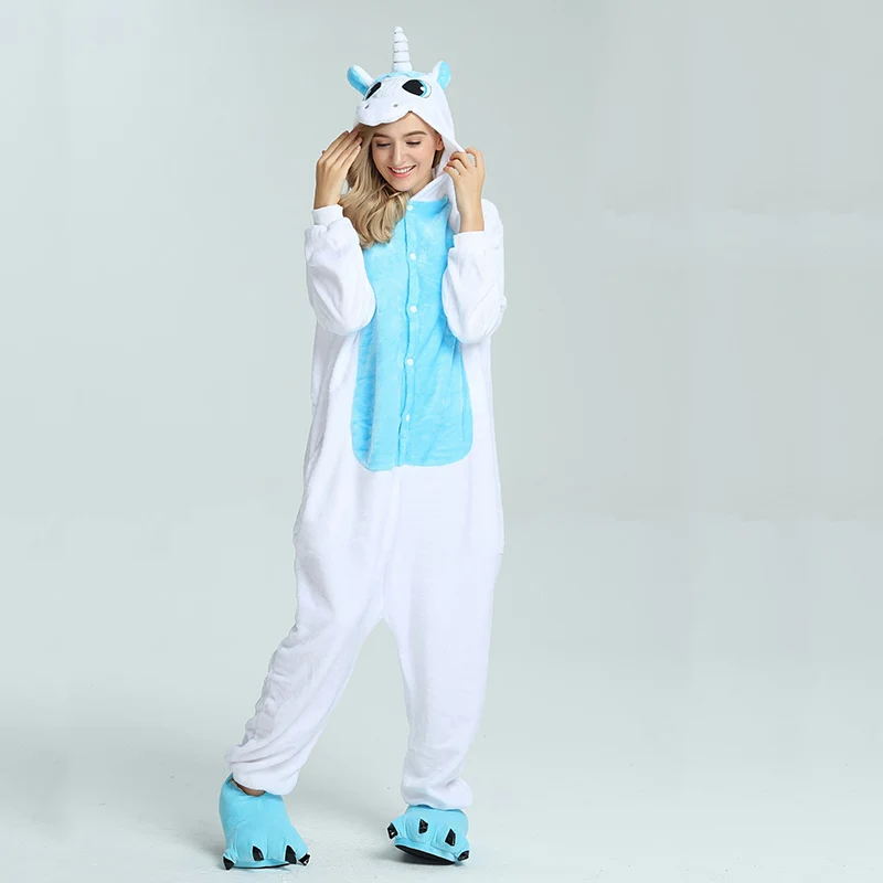 Пижама с единорогом для взрослых, с рисунком животных, кигуруми, для женщин и мужчин, зимняя унисекс из фланели, стежка, пижамы, unicornio Panda, одежда для сна кингуруми пижама женская - Цвет: Blue unicorn