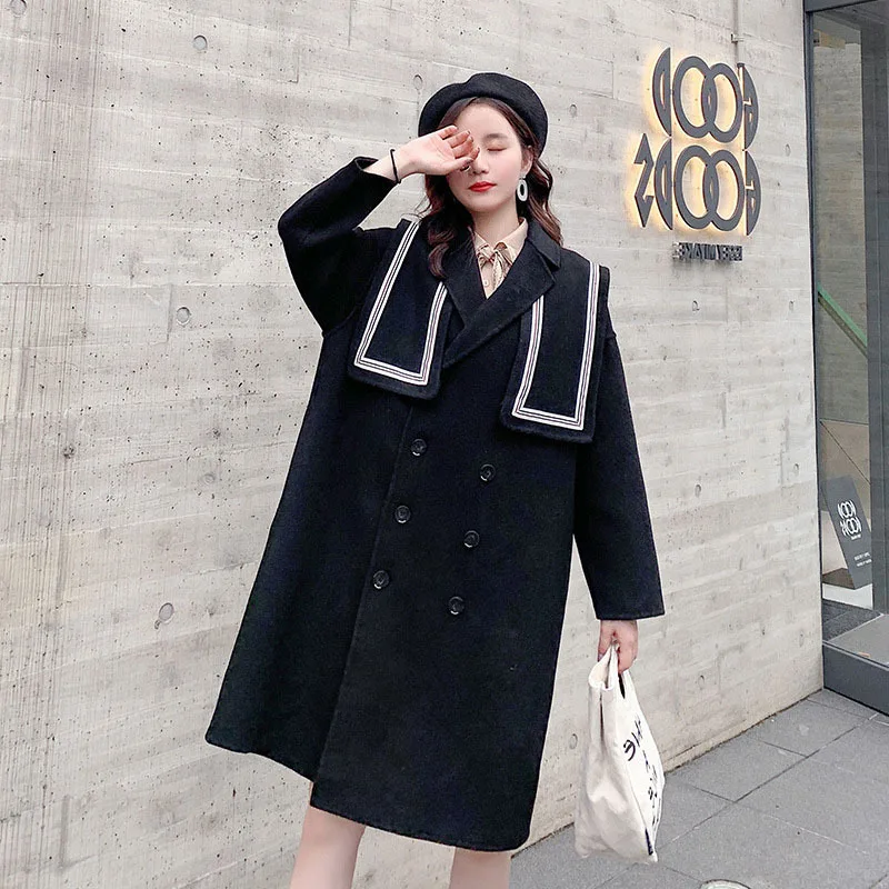 

Photo Shoot 2019 Winter New Style Korean-style Loose Navy Fold-down Collar Mid-length Small Cloak Woolen Coat Coat Women's Fashi
