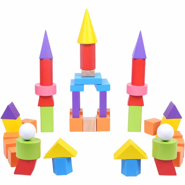 Children's 48-piece geometric colorful colored wooden blocks assembled building children's learning teaching toys 3