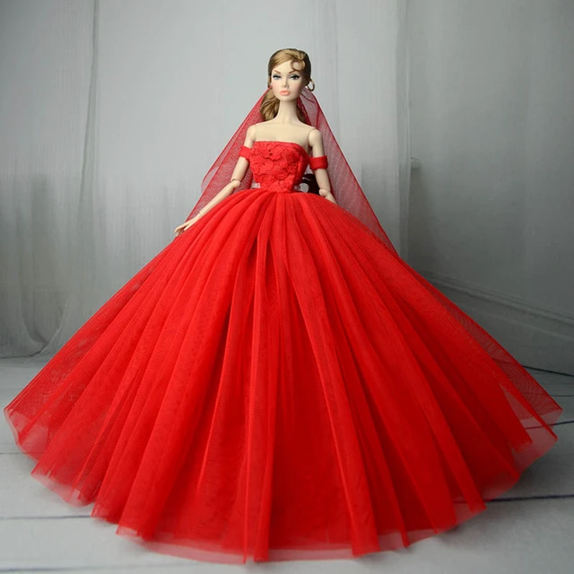 Red Wedding Dress For Barbie Dolls Princess Evening Gown Clothes Wears Long Dress Outfits With Veil Accessories - Dolls Accessories AliExpress