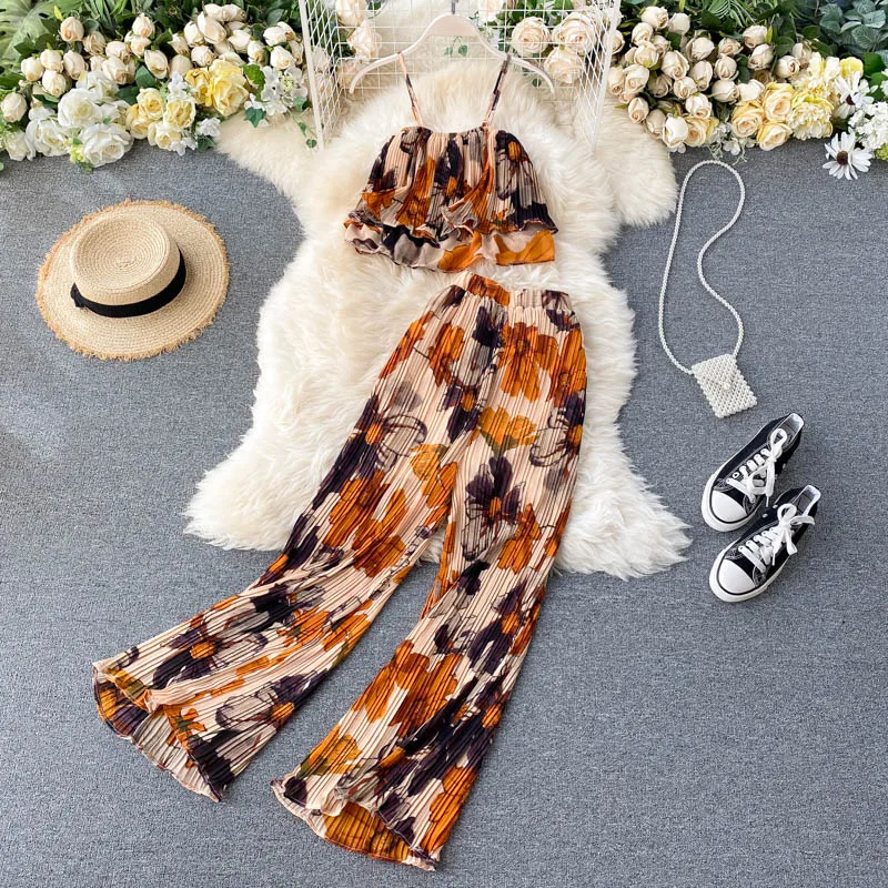 

Women's Summer Sets Vacation Style Printed Short Camisole Pleated High-waist Wide-leg Pants Two-piece New Casual Sets LL956