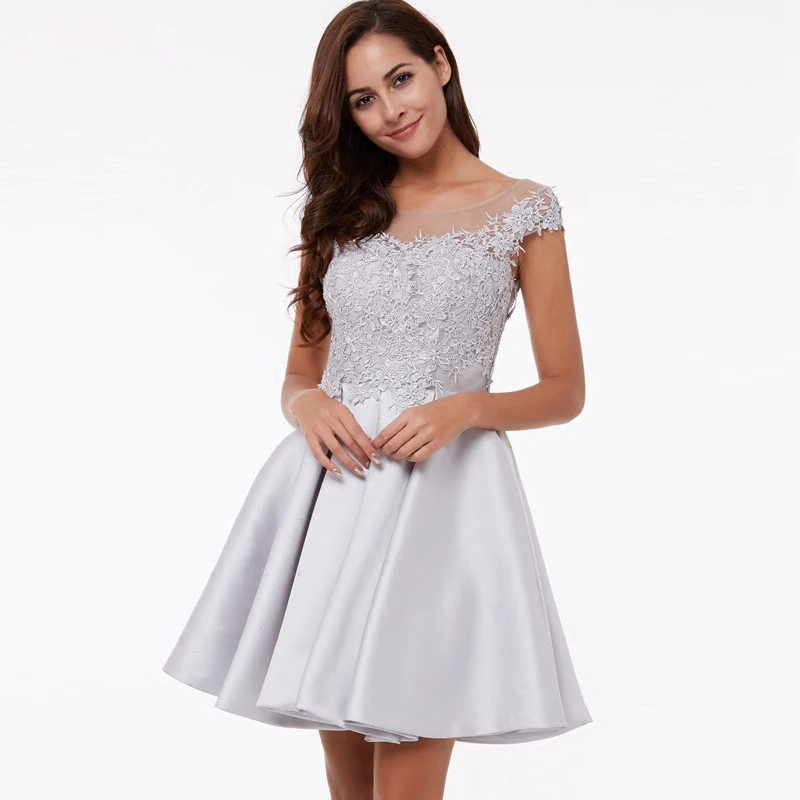 Vestidos fiesta boda новые кружевные Сатиновые платья подружки невесты с коротким рукавом и низким вырезом на спине A Line Серебряные платья длиной до колена sukienka wesele