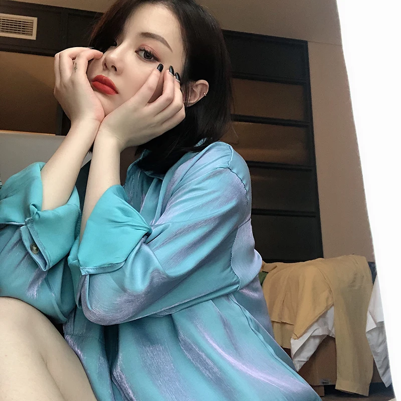 Корейская версия Осенняя Женская мода трендовые Светоотражающие блестящие рубашки яркие свободные большой размер шелк топы блузка женская
