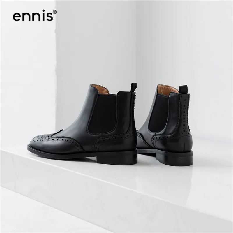 ENNIS/брендовые черные броги; женские ботинки; ботинки «Челси» из натуральной кожи; лакированные ботильоны; обувь на плоской подошве; женская модная Осенняя обувь; A9336
