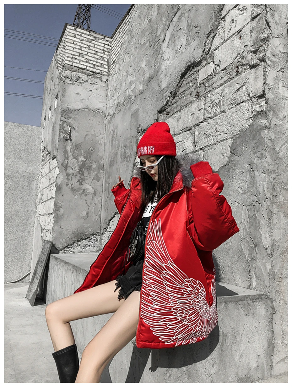 US Size Winter Parkas Jackets Wing Print Streetwear Men Hip Hop Warm Thick Coat Multi-pocket Outerwear Couple DG489