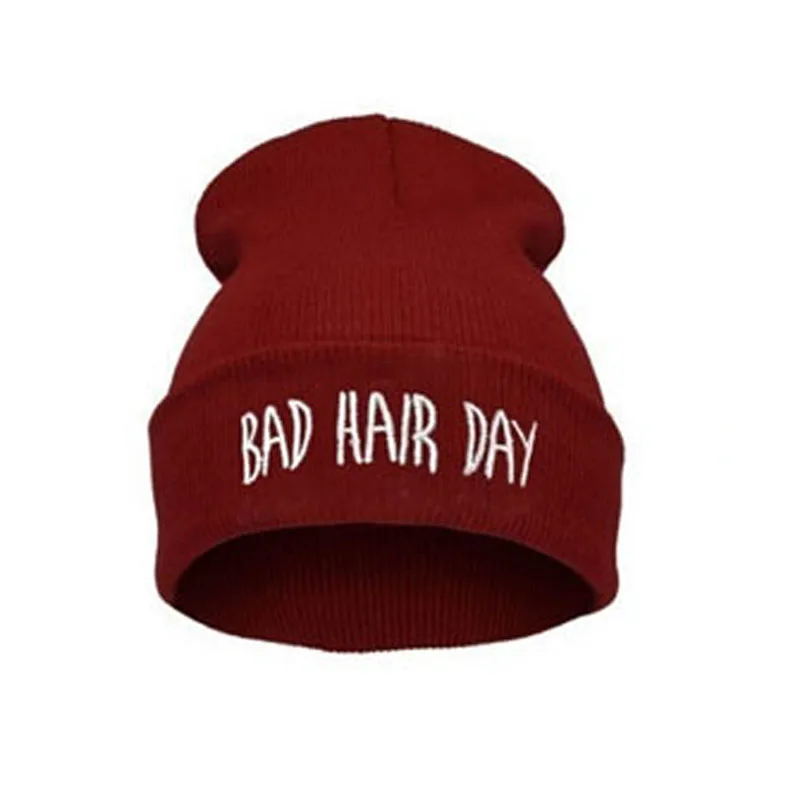 wine red MOONBIFFY, спортивные теплые зимние шапки, шапка бини с надписью «Bad Hair Day», шапка для женщин и мужчин, шапка бини, вязаные шапки в стиле хип-хоп, шапка унисекс - Цвет: wine red