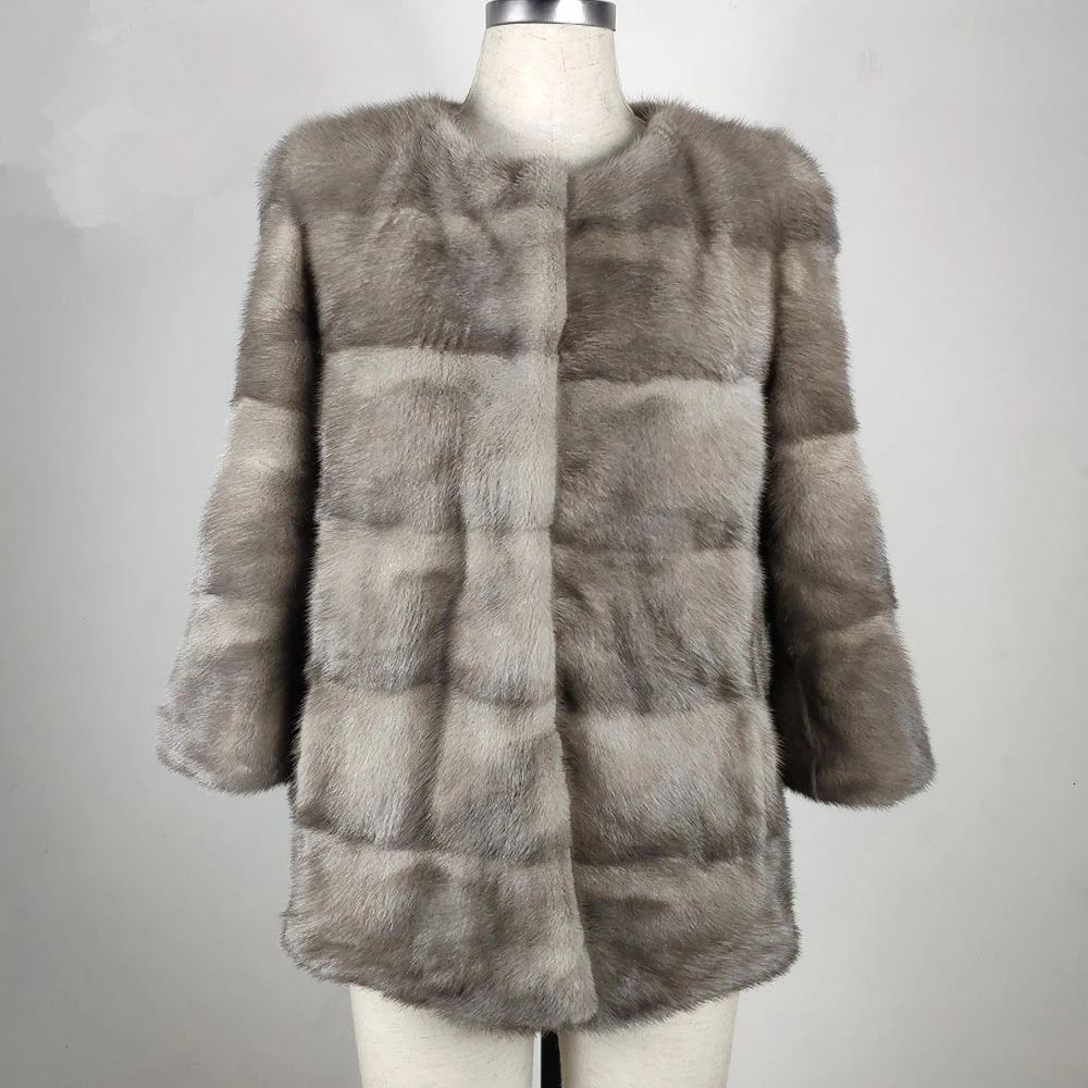 TOPFUR Winter Real Mink Fur Coat Women Natural Mink Fur Thick Warm O-Neck Three Quarter Sleeves Standard Regular Coat Women