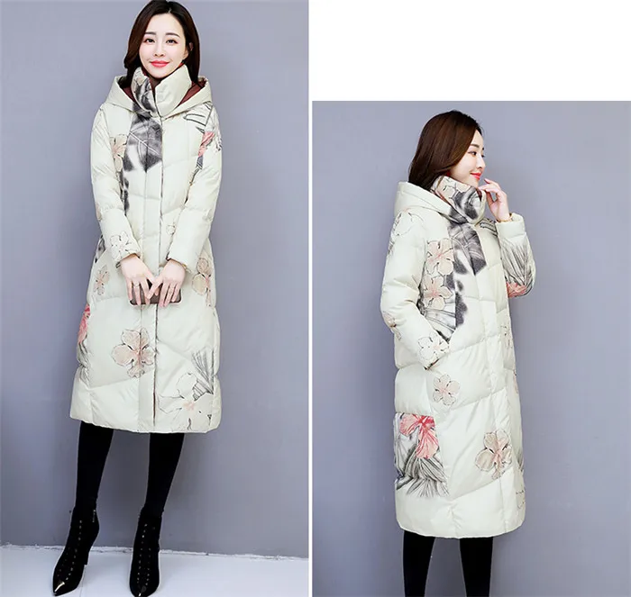 Women warm cotton jacket small fresh long cotton print coat with hood winter jacket womens slim long sleeve parka Overcoat G83