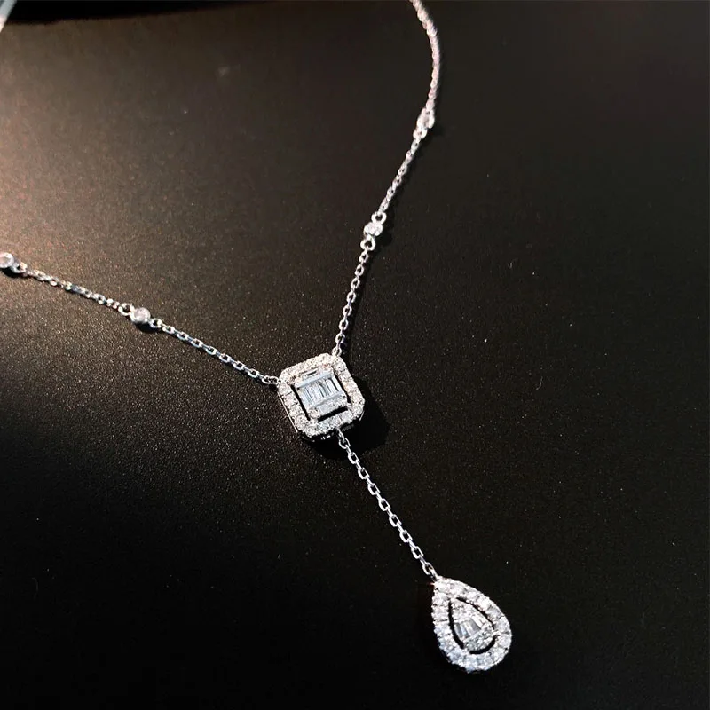 LUOWEND 100% Solid 18K White Gold Pendant Necklace Real Natural Diamond Jewelry Women Engagement Necklace Fashion Wedding Chain