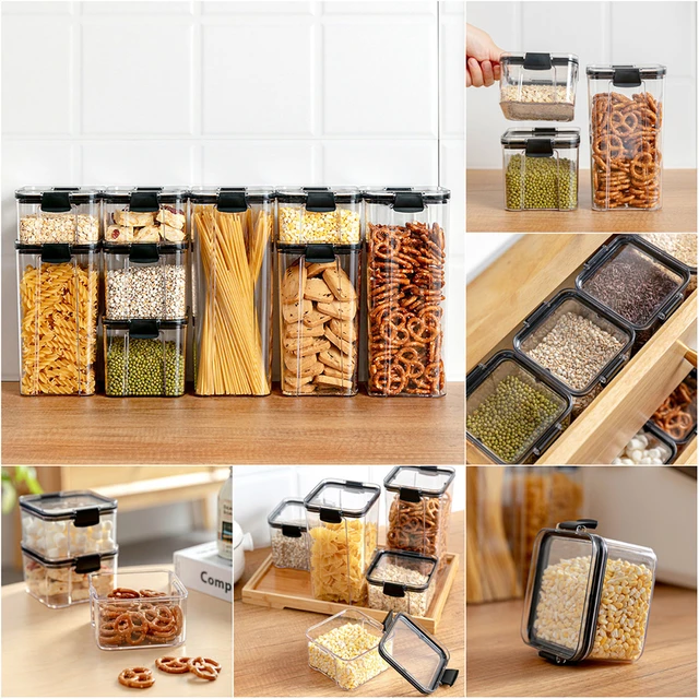 Household Food Storage Box Set with Lids Square Vacuum Lid Airtight Jars  Noodle Cereals Flour Pasta Storage Jars Home Kitchen Organiser A