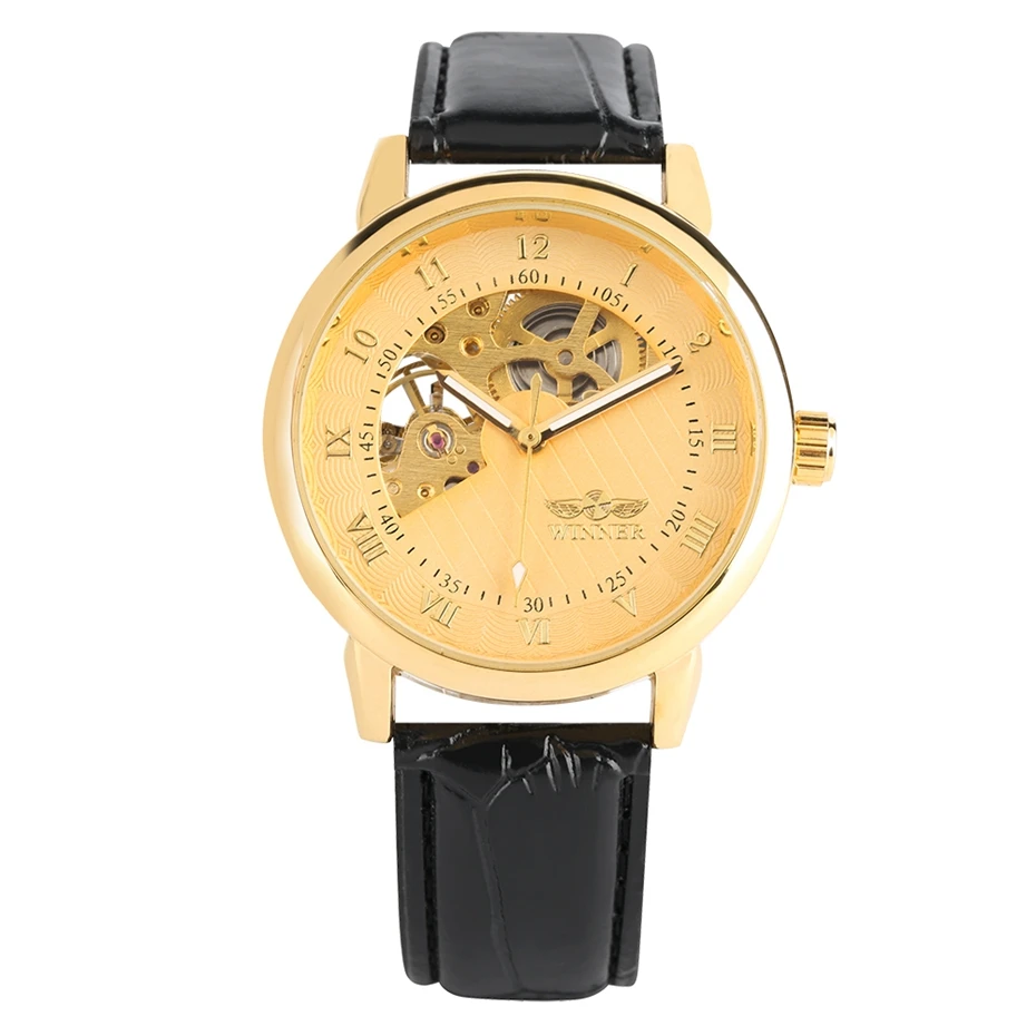 WINNER Top Brand Men's Fashion Tourbillon Moon Phase Semicircle Skeleton Leather Band Automatic Mechanical Men Gold Wrist Watch 2019 2020 2021 2022 (2)