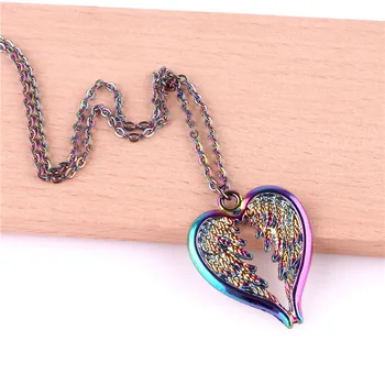 

Rainbow Color Heart Angel Wing Feather Shape Pendant Necklace Stainless Steel Chain Jewelry