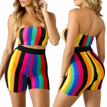 

Plus Size Womens Sexy Vest Bodycon Striped Off Shoulder Clubwear Party Jumpsuit High Waist Shorts 2pcs