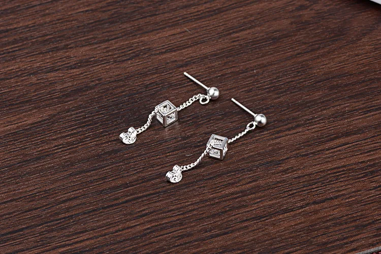 Simple Elegant 925 Sterling Silver Cube Love Window Zircon Tassel Sugar Drop Earrings For Women brincos oorbellen Best Gift