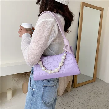 

Fashion Designer Women Pearl Crossbody Bag Summer White Alligator Leather Ladies Armpit Bag Girls Vintage Shoulder Bag Handbags