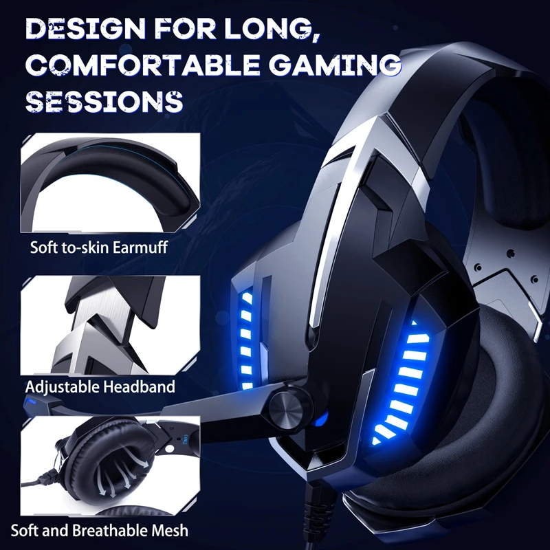 New K18 head mounted wired gaming headphone noise cancelling microphone bass music headset with LED light effect