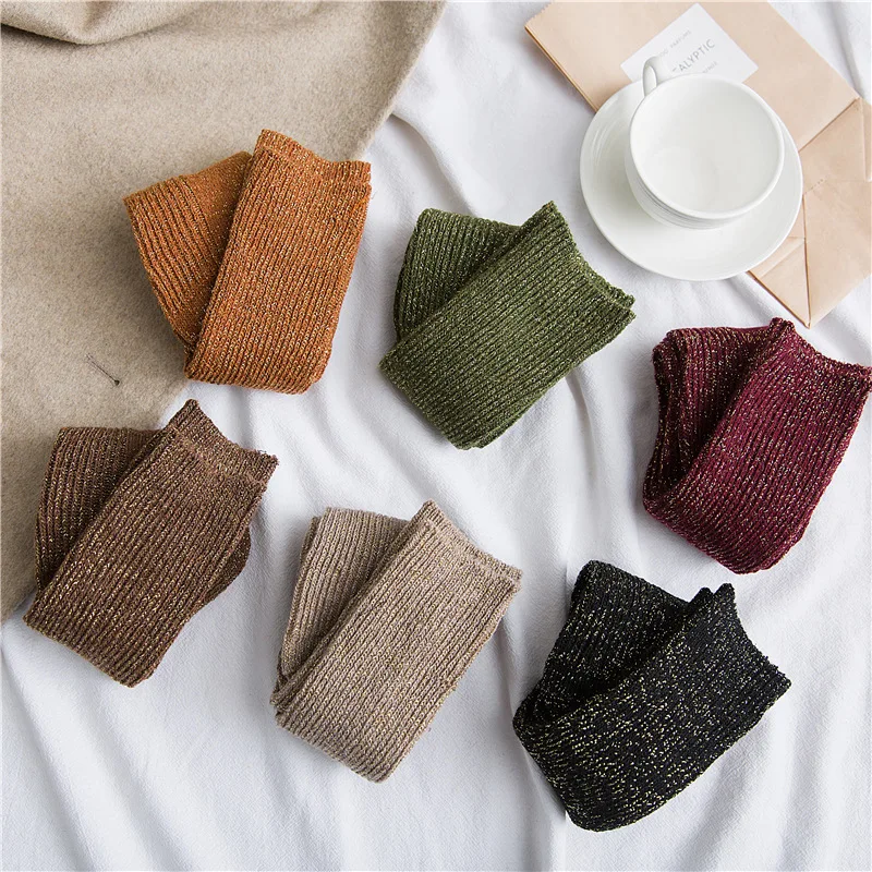 Осенние и зимние новые золотые и серебряные шелковые женские носки без пятки, хлопковые высокие носки в стиле ретро Luokou с толстой линией, женские носки