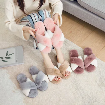 

Winter Women Home Slippers with Faux Fur Fashion Warm Shoes Woman Slip on Flats Female Slides Pink Plus Size SXYZ999