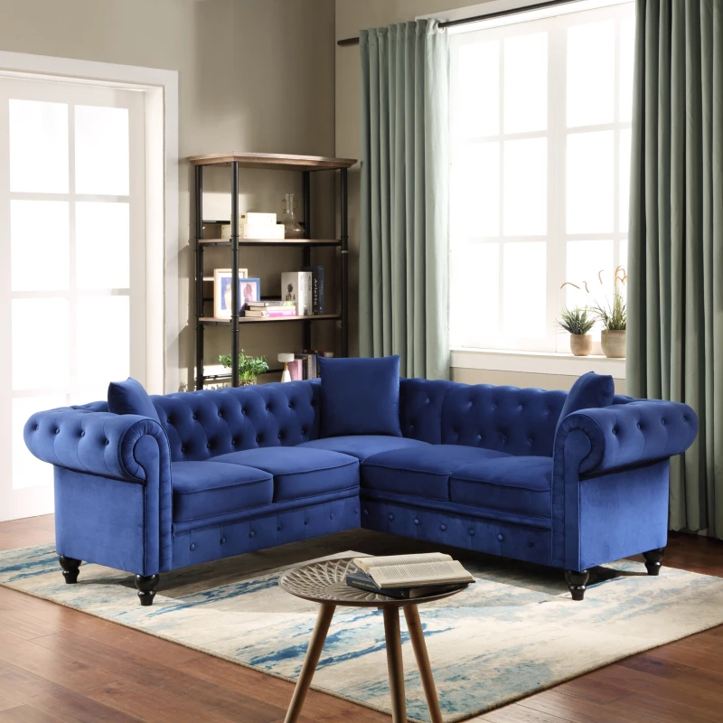 L-Shaped Sectional Sofa Set,Tufted Velvet Upholstered Rolled Arm Classic Chesterfield 5 Seater Sofa Couch for Living Room/Office