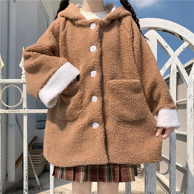 

Japanese College Style Lambswool Coat Women Lolita Teddy Rabbit Ears Hooded Soft Girl Faux Wool Thick Plus Cotton Quilted Jacket