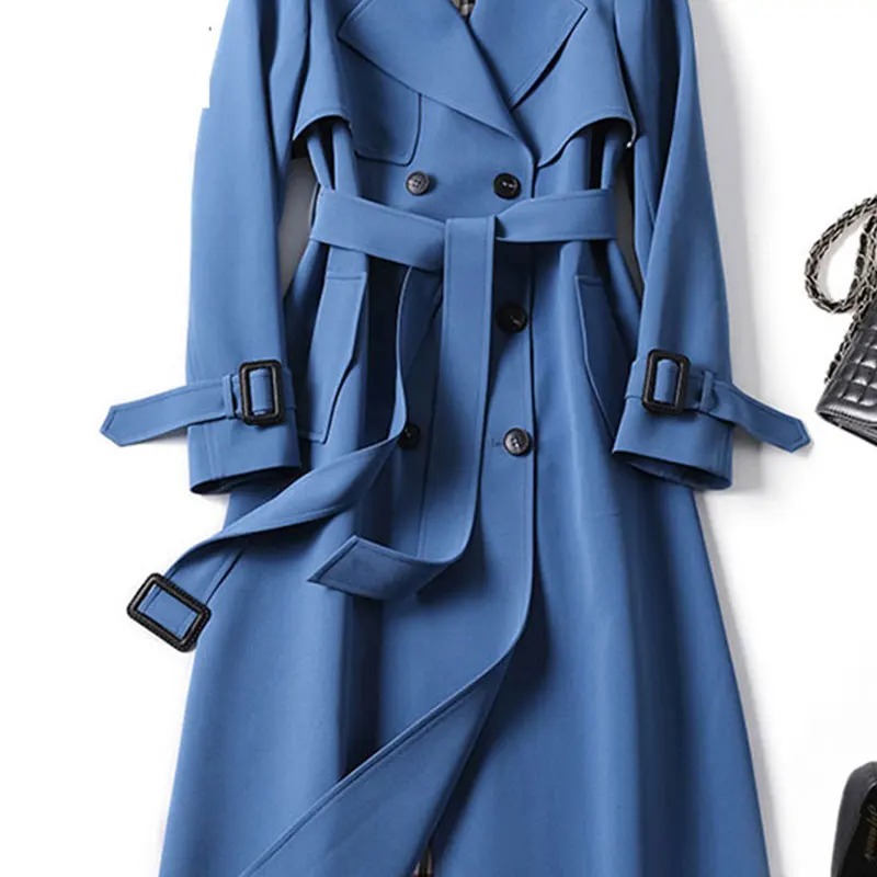 blue Inside plaid Осенняя женская одежда, длинный Тренч, пальто, новинка, Корейская Талия, модное, ropa mujer, пальто для женщин, manteau femme hiver 193 - Цвет: blue Inside plaid