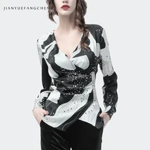 Женская атласная блузка, модный черно-белый принт, длинный рукав, скрещенный v-образным вырезом, топ, висячий кардиган, сексуальный, плюс размер, женские офисные Топы