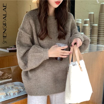 

SHENGPALAE Retro Lazy Style Knitted Pullover Thickened Women's Winter 2020 New Large Size O-Neck Fashion Blue Sweater ZT1005