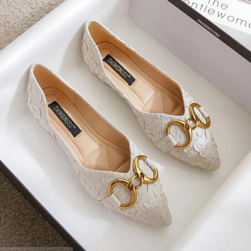 Taomengsi Korean Pointed Tip Deodorant Shoes Slip-On Casual Horseshoe with (1-3CM) Beige Candy Color Women Shoes