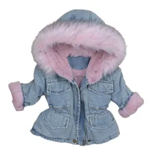 Детская ковбойская куртка с воротником из натурального меха для мальчиков и девочек, детские куртки для малышей джинсовая куртка с плюшевой подкладкой для холодной зимы