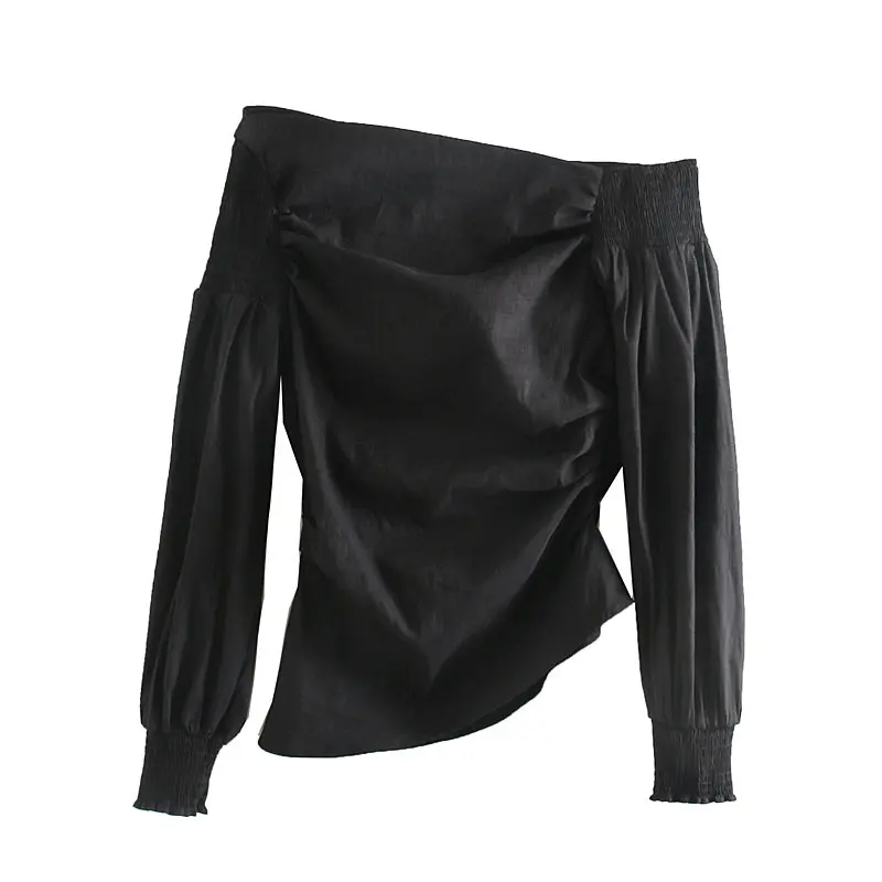 Новая Женская Сексуальная Асимметричная тонкая блуза в стиле кэжуал с длинным рукавом, эластичные черные рубашки, Женская шикарная сорочка, блузы, топы LS6004