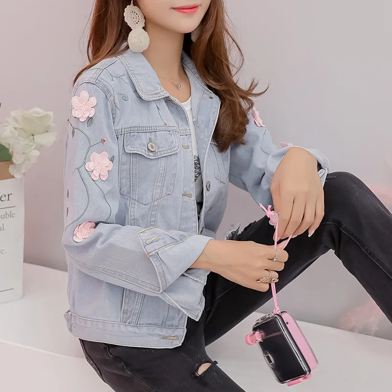 remarkable Jeans Coat Women's Short Spring And Autumn Stereo Embroidery Long Sleeve Jacket Versatile Students