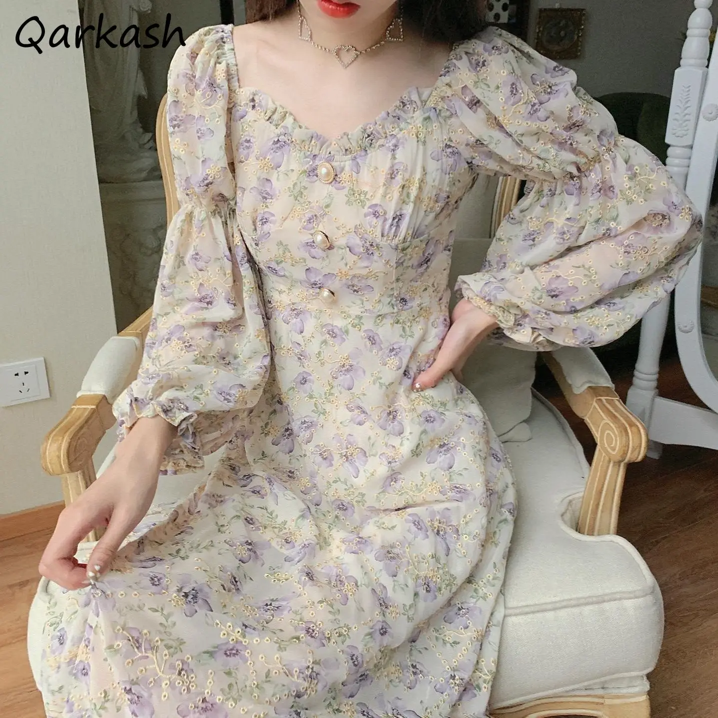 

Long Sleeve Dress Women Floral Retro Mid-calf Elegant Romantic French Style Soft Feminine Holiday Leisure Design Chic Vestidos