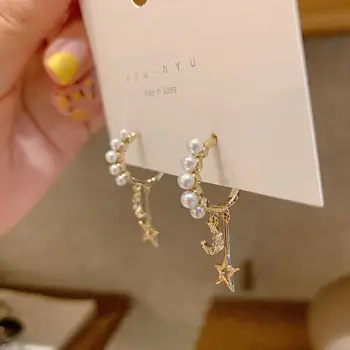 

Korean Temperament Pearl Small Circle Hoop Earrings Exquisite Crystal Star Moon Earrings Ins Cold Wind Wedding Party Girl Gift