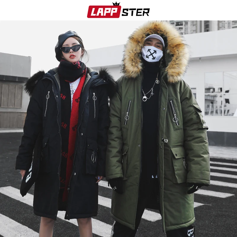 

LAPPSTER Streetwear Armygreen Winter Parkas Men Wool 2019 Mens Hip Hop Thick Long Coat Windbreaker Fashion Warm Hooded Jackets