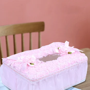 

New Home Rectangle Floral Lace Tissue Box Case Napkin Storage Cover Paper Holder, Pink