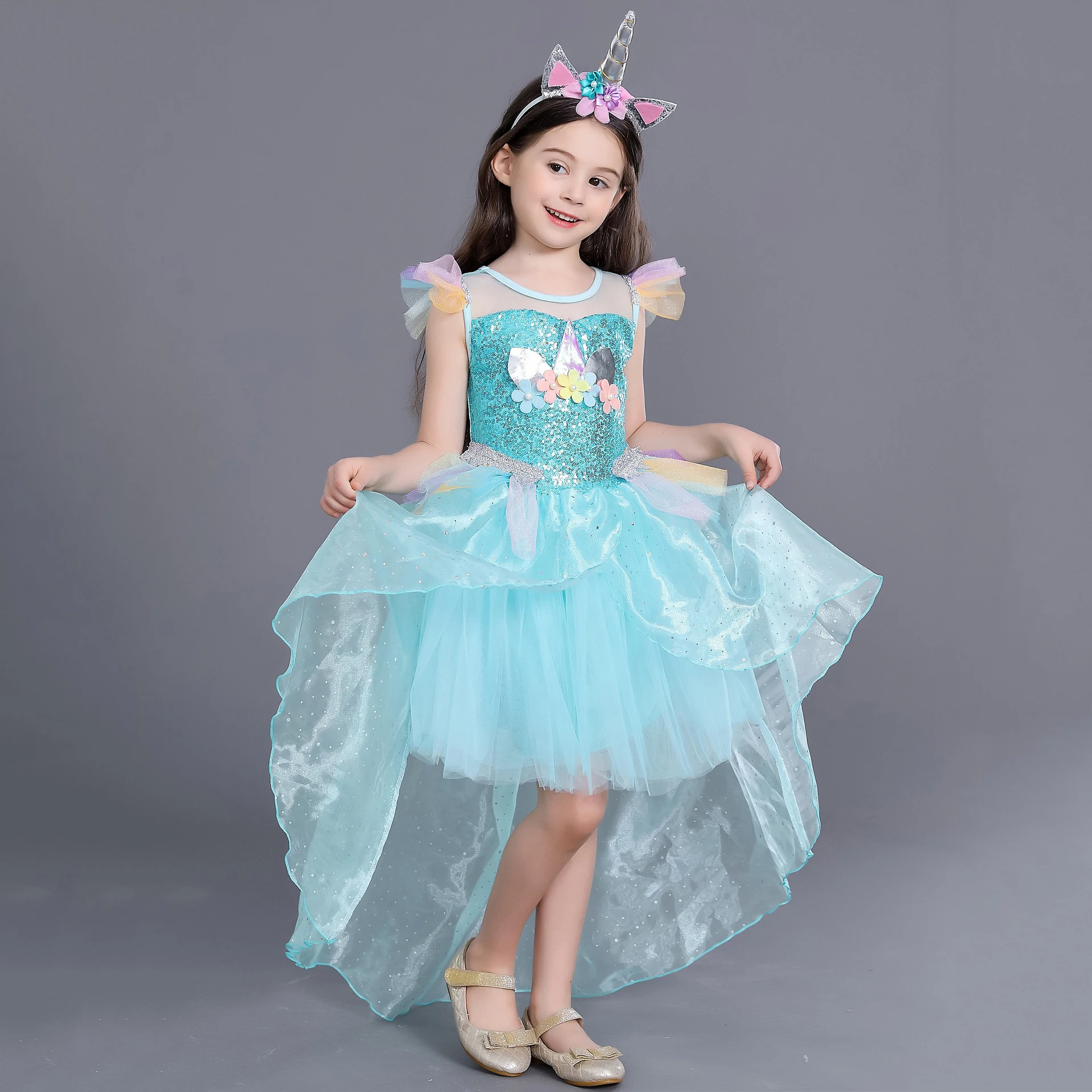 dress with horn Пышные Детские платья феи с цветами для девочек на свадьбу, день рождения, вечеринку с обручем для волос для костюмированной вечеринки, костюм единорога для девочек - Цвет: dress with horn