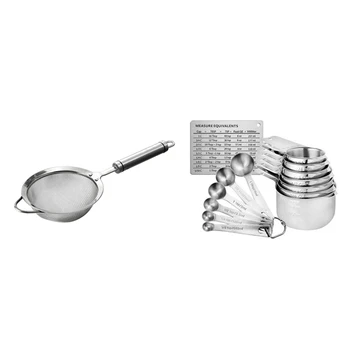 

Stainless Steel Kitchen Colander Fine Mesh Food Strainer with 14 Pieces Stainless Steel Measuring Cups and Spoons Set