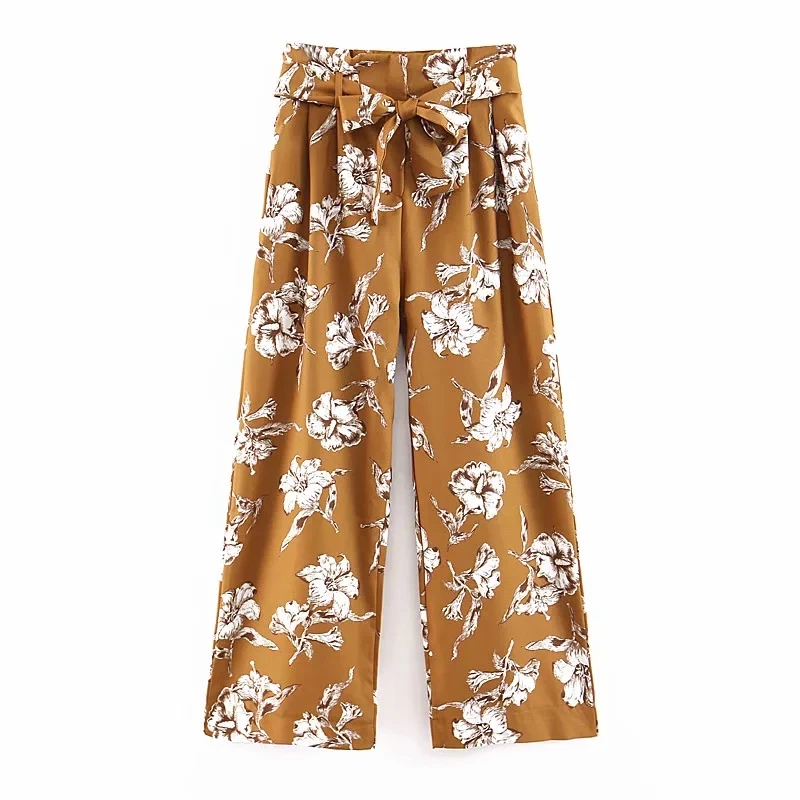 Для женщин Цветочный принт Длинные брюки дамы мягкие свободные прямые брюки 2019 весна-осень с Ремни женский шикарный Boho pantalon femme