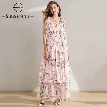 

SEQINYY Chiffon Dress 2020 Summer Spring New Fashion Design Ruffles Cascading Romantic Lily Flowers Printed Elegant Pink Dress