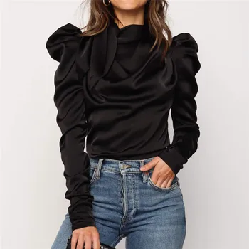 

Fashion Womens Tops and Blouses Elegant Ladies Satin OL Shirt Puff Long Sleeve Office Lady blusa feminina Classic Streetwear