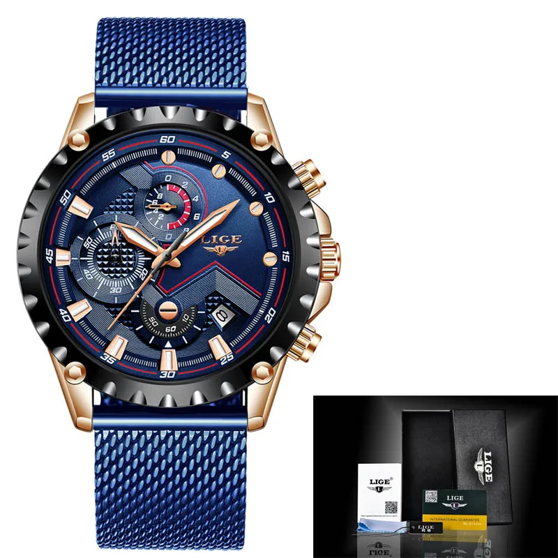 Новинка LIGE синий Повседневный сетчатый ремень модные кварцевые золотые часы мужские часы лучший бренд Роскошные водонепроницаемые часы Relogio Masculino - Цвет: Gold blue