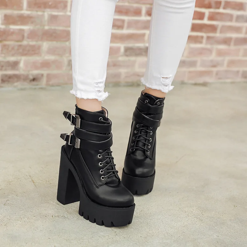 

Spring Autumn Fashion Women Boots High Heels Platform Buckle Lace Up Leather Short Booties Black Ladies Shoes Promotion 2019